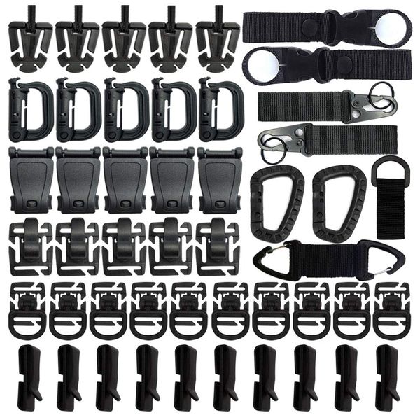 48PCS Tactical Gear Clip Set Molle Webbing Attachments for Tactical Backpack Bag Vest Belt - Nylon Key Ring Holder, D-Ring Locking Hanging Hook Water Bottle Tube Clip Web Dominator (Black)