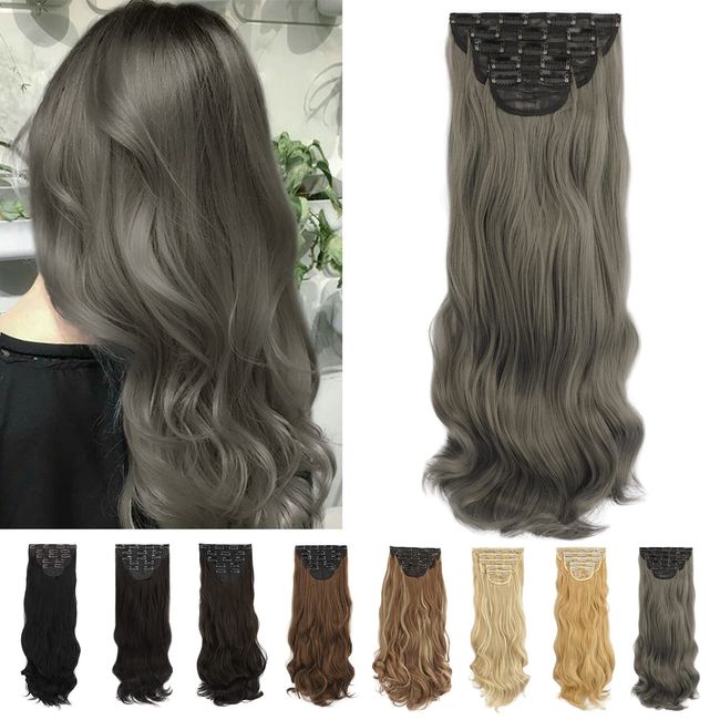 BARSDAR Clip in Extensions Haarverlängerungen, 5pcs 50cm Haarverlängerungen Haarteil Extensions mit Clips Synthetik Gewellte Haarextension 171# Silber-Grau