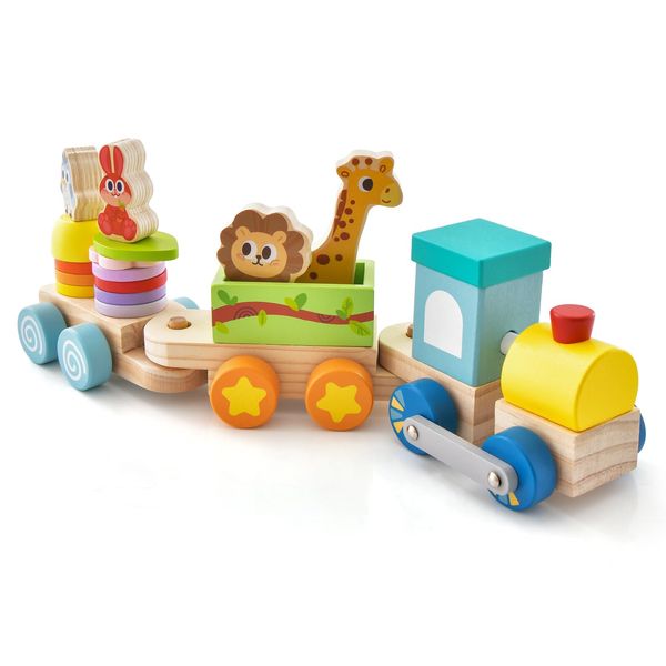 Costzon Wooden Train Set, Stackable Educational Train Set w/Colorful Animal Patterns & Retractable Locomotive, Safe Solid Wood Material, Toddler Toy Train for Boys Girls 3 + Years Old