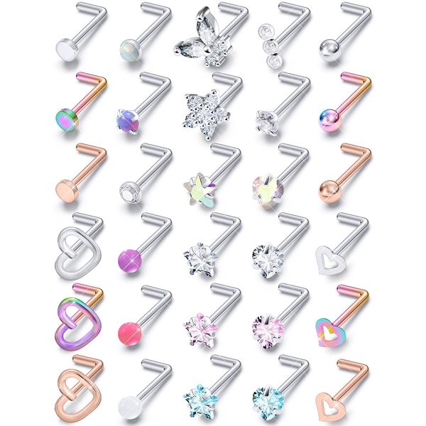 Prjndjw 18G Nose Rings Studs Surgical Steel Nose Studs Glow Dark Heart Opal CZ Flower Nose Piercing Jewelry Nose Rings For Women Straight Bend L Shaped Nose Rings 30Pcs 6.5mm Nose Piercing Kit Purple