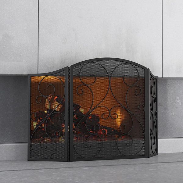 Fireplace Screen 3 Panel Wrought Iron Metal 48x30 Spark Guard Cover Black