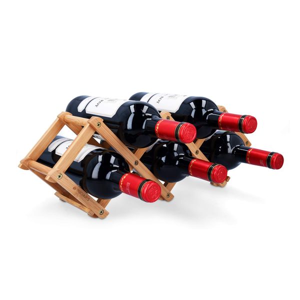 Navaris Bamboo Wine Rack - Foldable Free Standing Wine Rack - Small Wooden Wine Stand for Organising and Storing Bottles - 5 Slot