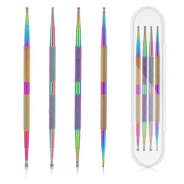 Jeffdad Nail Dotting Tool, 4 Pcs Professional Double-ended Nail Art Tools with Box, Dot Pen Metal Dot pen Nail Polish Paint Pen Dot Diamond Pattern Stainless Steel Dotting Tools Nail art(color)