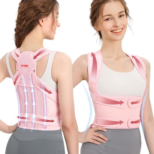 Fit Geno Back Brace Posture Corrector for Women: Shoulder Straightener Adjustable Full Back Support Upper and Lower Back Pain Relief - Scoliosis Hunchback Hump Thoracic Spine Corrector Pink Medium