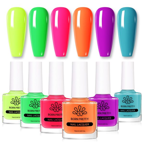 Born Pretty Nail Polish Set, Quick Dry Neon Nail Polish 6 Bright Colors 0.34oz Fluorescent Nail Lacquer Non Gel Finger Nail Polish Kit Valentine's Gift 6PCS 10ML