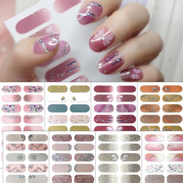 Mkwntg Spring Nail Wraps Stickers Glitter Gradient Nail Polish Strips Self-Adhesive Rhinestone Nail Polish Stickers Marble Butterfly Design Nail Decals for Women Girls DIY Nail Decorations 8 Sheets