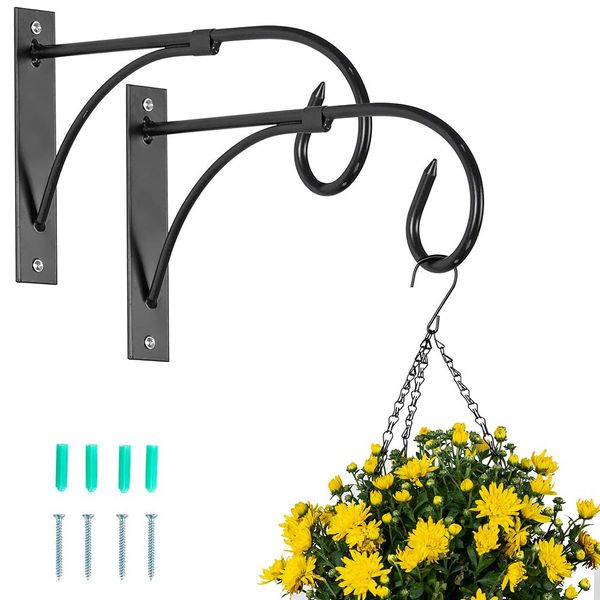 NUPTIO 2 Pcs Hanging Basket Bracket Outdoor Plant Hooks, Black Fence Hooks for Hanging Baskets, Metal Garden Hanging Hooks Wall Plant Hanger Brackets for Hanging Plants Lanterns Bird Feeders