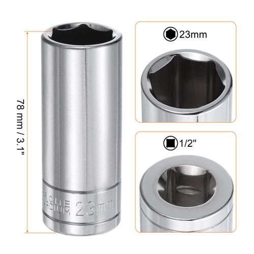 HARFINGTON 3pcs 6-Point Socket 1/2" Drive 23mm Metric 3.1" Length 45# Steel Deep Sockets Mirror Polishing Chrome Sockets for Car Repair Mechanical Maintenance Home Use