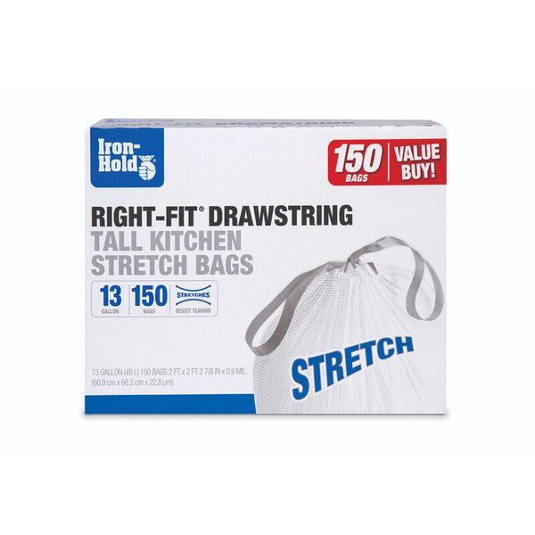 Iron-Hold Right-Fit 13 gal Tall Kitchen Bags Drawstring 150 pk