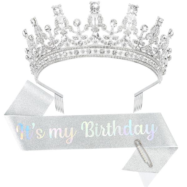 BAHABY Birthday Crown It's My Birthday Sash & Rhinestone Tiara Set Birthday Sash and Crown Princess Birthday Sash and Tiara for Women Birthday Decorations (Silver)