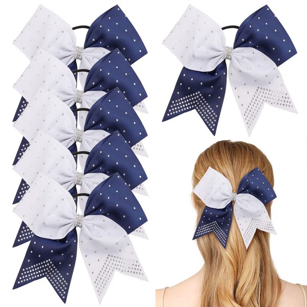 6PCS 8" Large Cheer Hair Bows Ponytail Holder, Rhinestones Cheerleader Bows with Elastic Band Hair Tie Handmade for Cheerleading Teen Girls College Sports (White/Navy)