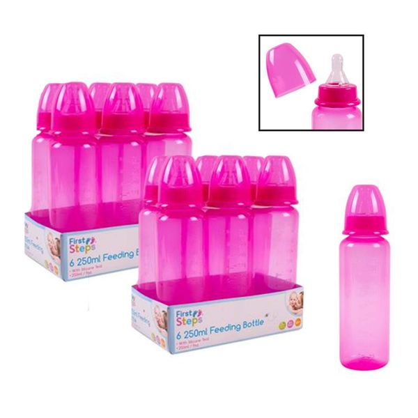 Pack of 12 Baby Bottles Silicone Teat Pink 250ml BPA Free Set Re-usable Plastic