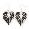 Black Enamel Leaf Drop Earrings/Silver Tone/ 45mm L