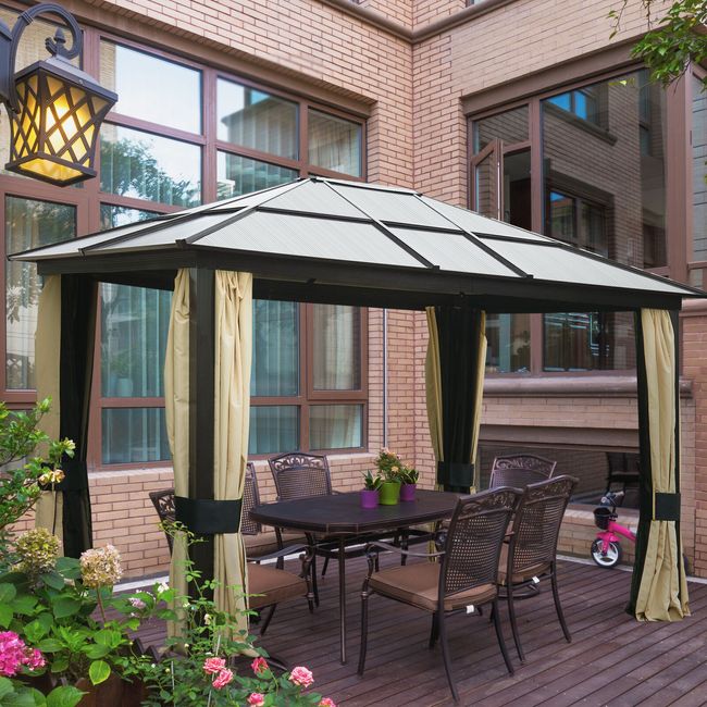 12'x10' Outdoor Patio Canopy Party Gazebo Shelter Hardtop w/ Mesh and Curtains