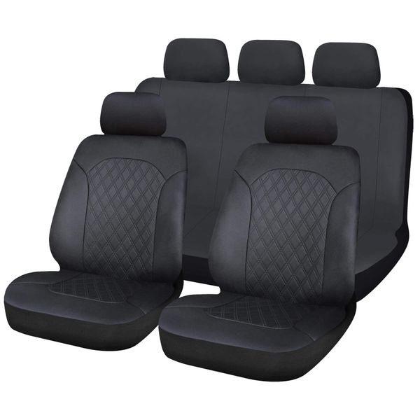 UKB4C Leatherette Front & Rear Car Van Seat Covers with Headrest Quilted pattern Black