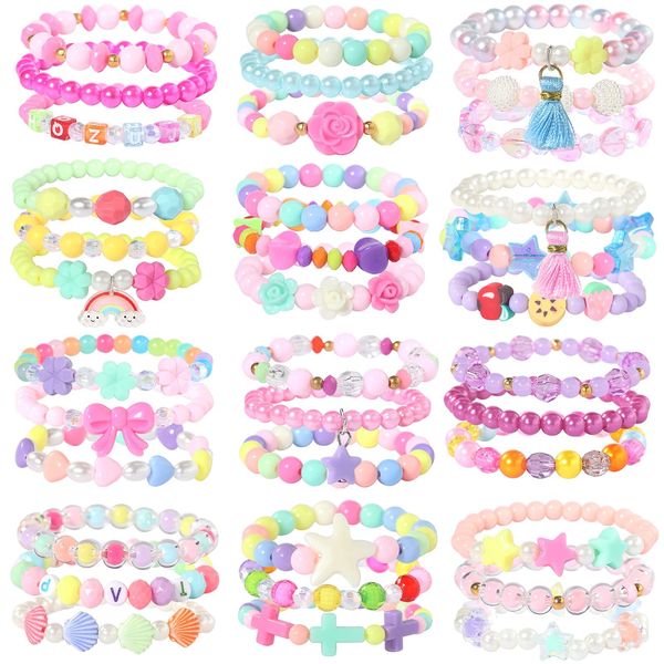 powerking Beaded Bracelets for Kids- 12 Pack 36 PC, Little Girl Plastic Bracelets, Flower Butterfly Pink Bracelet, Party Favor