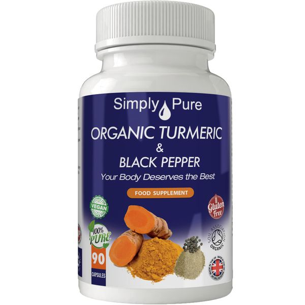 Simply Pure Organic Turmeric and Black Pepper Capsules x 90, 605mg, 100% Natural Soil Association Certified, Gluten Free, GM Free, Vegan