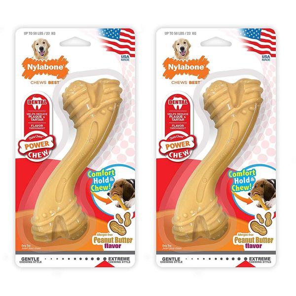 Nylabone 2 Pack of Allergen-Free Peanut Butter Flavor Comfort Hold Power Chew Bone, Giant, Dental Chew Dog Toy