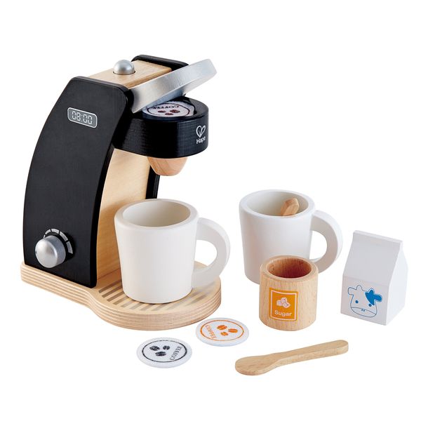 Hape Wooden Black Coffee Maker Kitchen Set with Accessories| Pretend Play Toy Set for Kids Ages 3 Years and Up