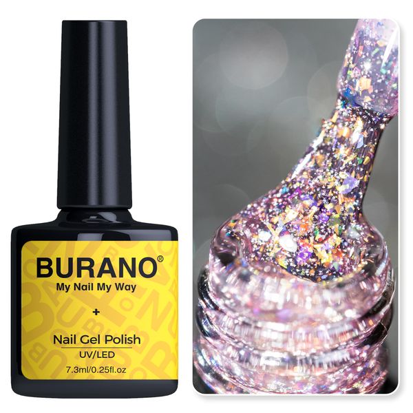 BURANO Holographic Gel Polish, Reflective Glitter Gel Polish 7.3ml UV LED Pink Glitter Gel Nail Polish for Home DIY, Diamond Gel Nail Polish Curing Required (YH36)