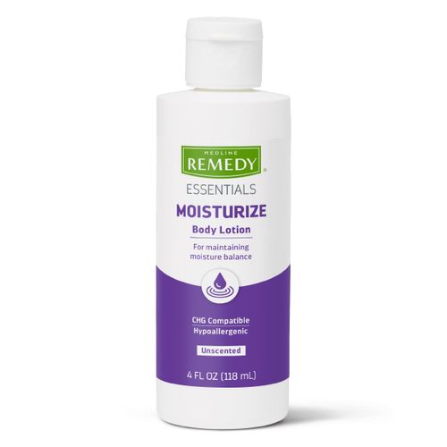 Medline Remedy Essentials Moisturizing Body Lotion (4 oz Bottle), Unscented, Hydrating, Non-Greasy, For Dry Skin, Hypoallergenic, Men, Women, Elderly