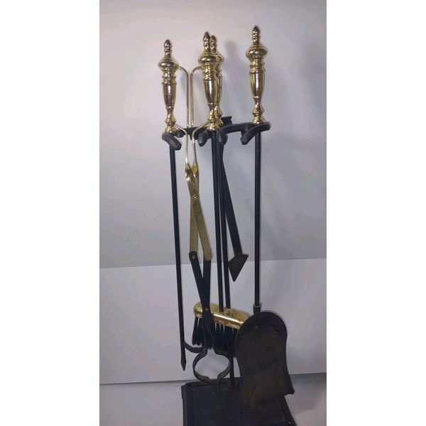 Vintage Solid 4 Piece Fireplace Tool Set W/ Stand Gold Iron-Cast 31” in Tall