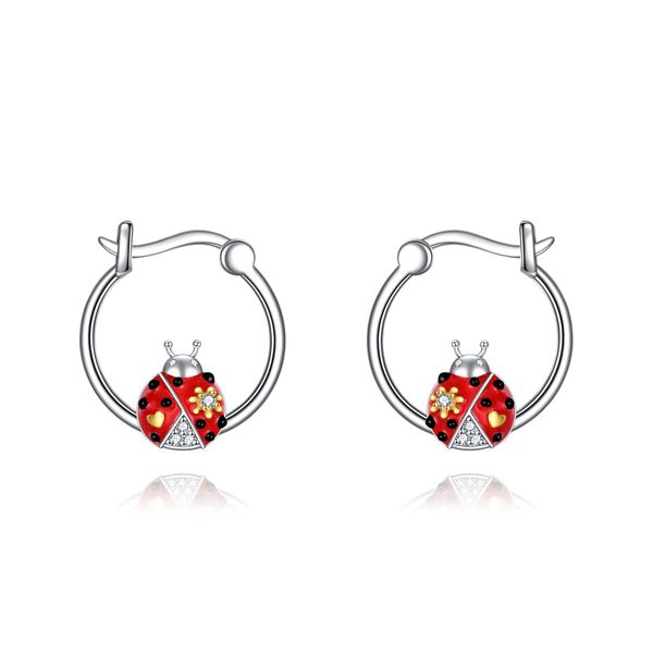 Ladybug Hoop Earrings Sterling Silver Flower Heart Huggie Earrings Animal Jewelry Gifts for Lady Bug Lover Women Girls