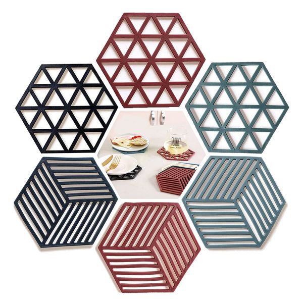 VEGCOO Silicone Table Mat, 6PCS Trivet Non-Slip Pot Holder Coasters Cup Mat for Kitchen Table, Pad Hot Pads, Spoon Rest, Cooking & Dining (3 diamonds + 3 stripes)