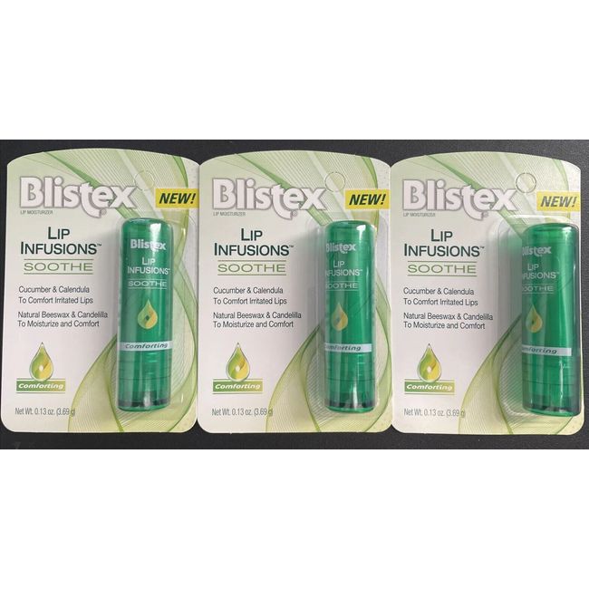 3x Blistex Lip Infusions Soothe Comforting Lip Moisturizer, Cucumber, .13oz Each