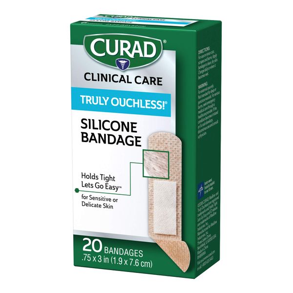 Curad Truly Ouchless Silicone Adhesive Bandages, Fabric Bandages are .75 x 3 inches, for Delicate or Sensitive Skin, 20 Count