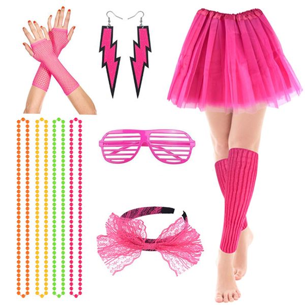 mefound 80s Fancy Party Costume Accessories Set,Adult Tutu Leg Warmers Fishnet Pink Gloves Necklaces Bead Lace Bow Headband Lighting Earrings Sunglasses