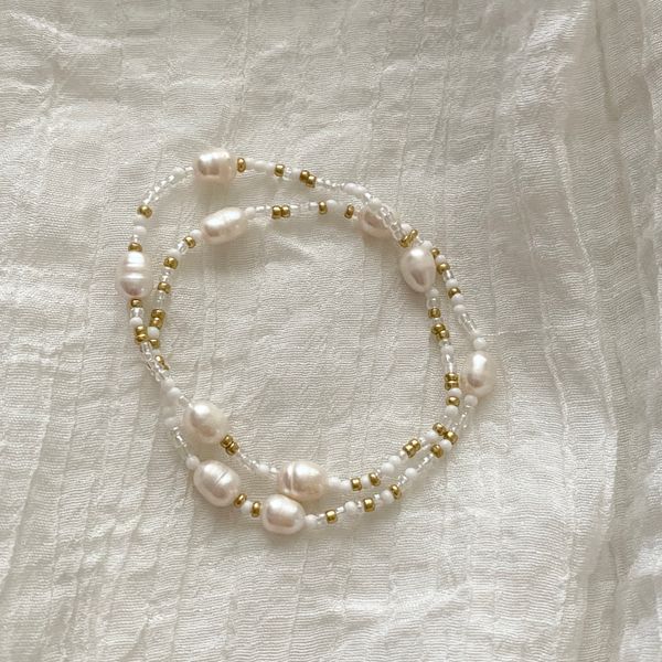 White Garden Raw Stone Layered Freshwater Pearl Bead Bracelet