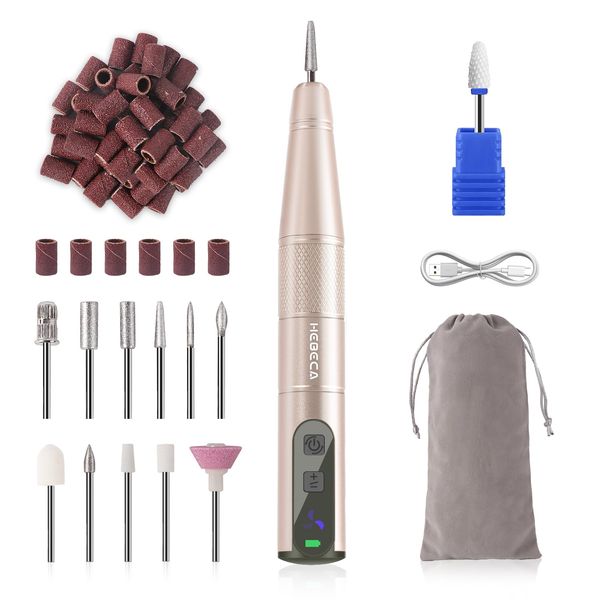 HEBECA Cordless Nail Drill Set - Electric Nail File Buffer Drill for Natural or Acrylic Gel Nails -Rechargeable Nail Drill Machine