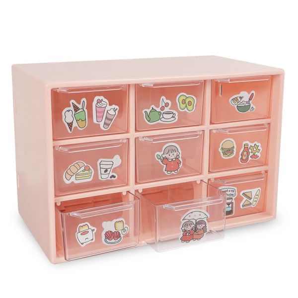 Small Storage Drawers, Desktop Art Craft Storage Box, Plastic Organiser with 9 Removable Drawers for Sewing, DIY Crafts, Art Supply, Office Supplies and Jewelry(Pink)