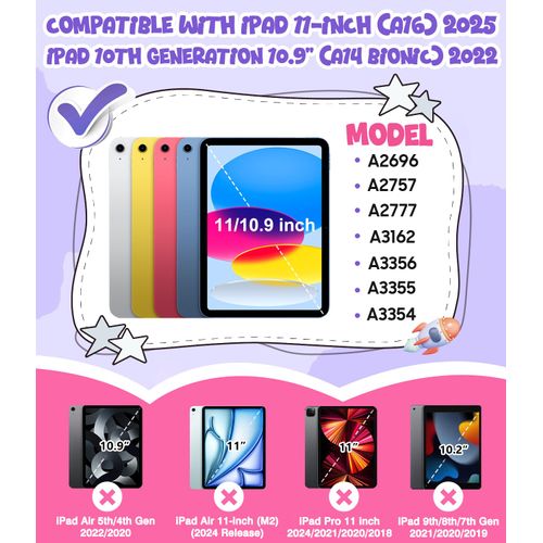 OKP Kids Case for iPad 11 inch (A16) 2025/10.9'' (10th Generation) 2022, Shockproof Rugged 11th/ 10 th Gen iPad Protective Cover with Built-in Kickstand, Pencil Holder for Girls Boys, Purple+Hot Pink