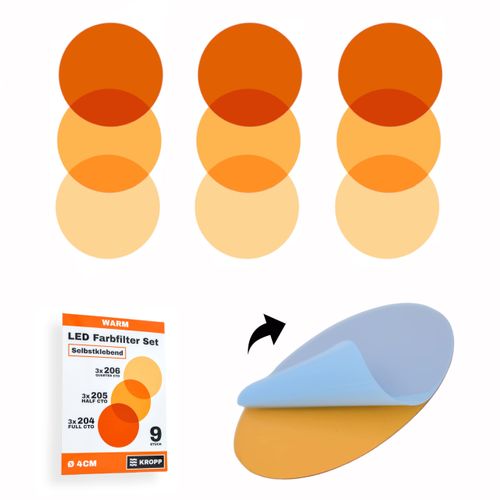 KROPP Pack of 9 Self Adhesive Colour Films for LED Lamps, 4cm Circle Cut, 3 Tones Warm White Colour Filters for Colour Correction, Daylight to Incandescent Light
