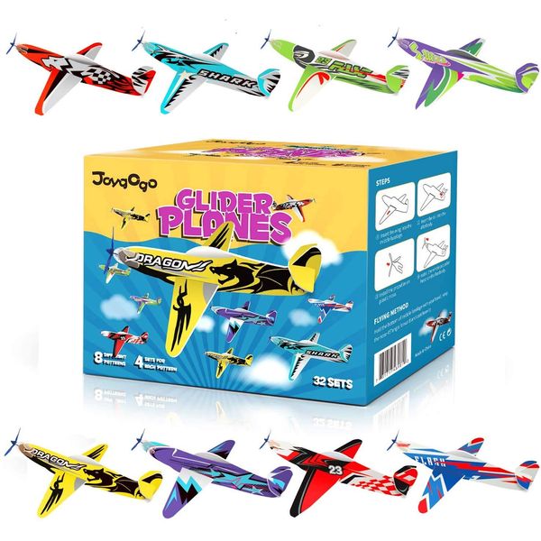 JOYGOGO 32 Pack Glider Planes,8" Long Flying Glider Plane,8 Different Designs,Easy Assembly,Durable Quality-Kids Party Favors for Valentines Airplanes,Birthday Party, Carnival Prizes