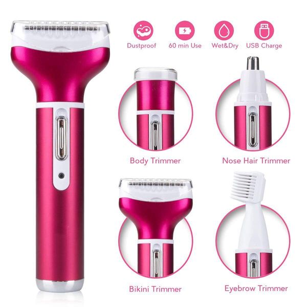 Electric Lady Shaver, Eurobuy 4 in 1 Hair Removal Lady Shaver Set USB Rechargeable Painless Epilator Hair Shaver with 4 Detachable Attachments for Bikini, Nose Hair, Eyebrow, Body (Purple)