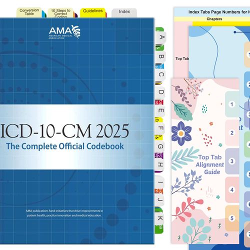 Index Tabs for ICD-10-CM 2025 AMA Version, Complete Book Tabs Set with Blanks and Bookmark, Laminated Color-Coded with Alignment Guide & Page Numbers (Book Not Included)