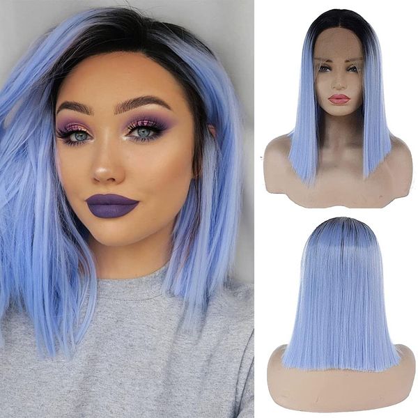 Karissa Ombre Blue Synthetic Lace Front Wigs for Women Short Blue Bob Wig with Dark Roots Gluless Half Hand Tied Free Part Hair Replacement Wigs