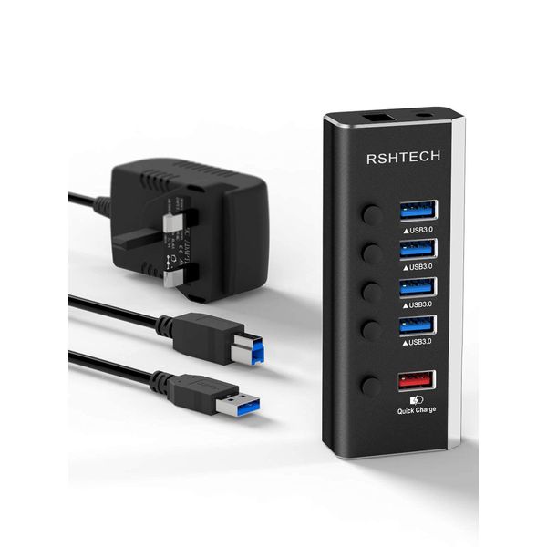 RSHTECH Powered USB Hub 3.0, 5 Port USB Hub with 4 USB 3.0 Data Ports +1 USB Fast Charging Port, Aluminum USB Splitter with Individual on/off Switches and 12V 2A Power Supply, Black