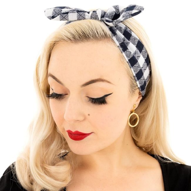 Ro Rox Pinup Vintage Retro Dolly Bow Headband Hair Band Alternative Accessory - Navy Blue (Small Check)