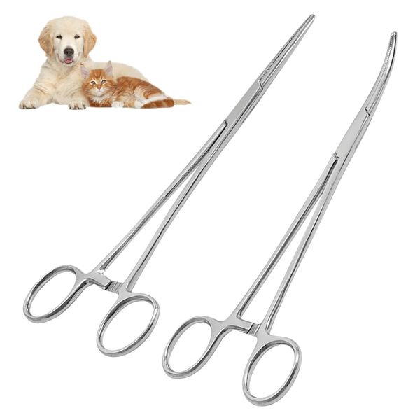 2 Stück Piercing zange und Hakenlöser Zange aus Edelstahl - Pinzette für Katzen und Hunde Haare - Sägezahndesign - Arterienklemme - 12.5 cm - gerade und gebogene Köpfe - Krankenschwester Zubehör
