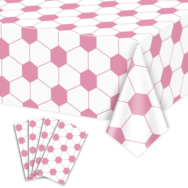 4Pcs Soccer Tablecloths, Pink Soccer Pattern Party Table Cover, Rectangular Sports Ball Soccer Party Decorations for Her Girls Fan Sports Event Soccer Birthday Party Supplies, 51 x 86.6 Inch