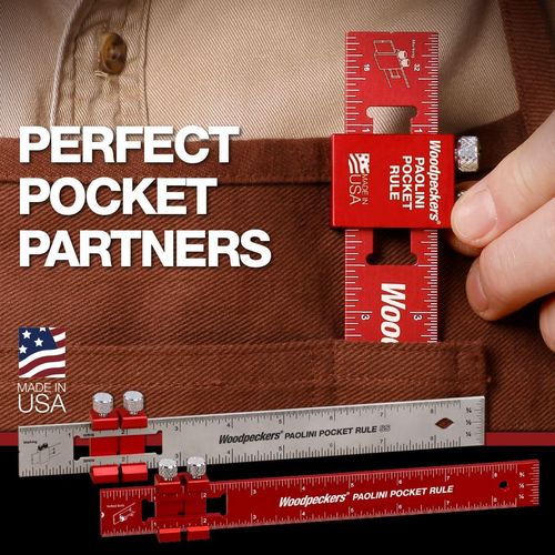 Woodpeckers Paolini Pocket Rule, Stainless Steel, 6" / 150mm Combo, Woodworking Ruler, Sliding Stop, Verticle EndScale, Scribing Notch, Engraved Scale