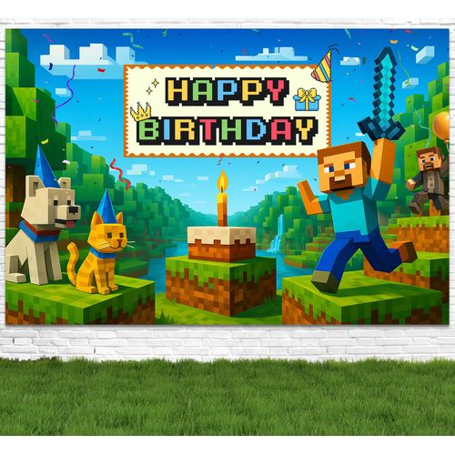 Pixel Backdrop Happy Birthday Banner Boy 6x4ft Miner Bday Sign Villager Gaming Birthday Party Decorations Videogame Themed Banner Video Game Decorations Video Game Backdrop for Boys