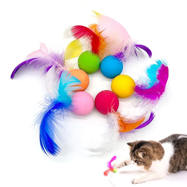 lpdrzka Cat Toy Balls, Cat Bouncy Ball with Feathers Interactive Cat Toys Cat Exrecise Toy, Safe for Your Kitty (5 PCS - Random Color)