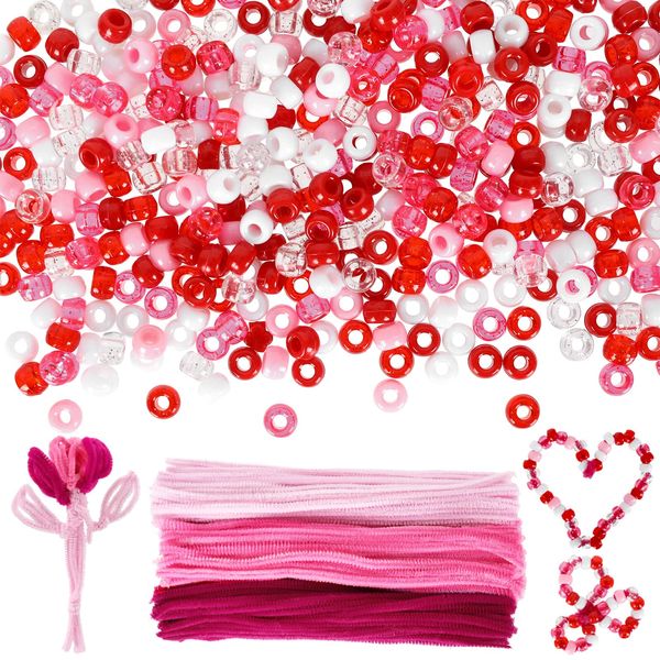 Whaline 1000Pcs Valentine's Day Pony Beads with 300Pcs Chenille Stems Pipe Cleaners Red White Pink Round Craft Plastic Beads for DIY Craft Necklace Bracelet Making Supplies Hair Braiding Accessories