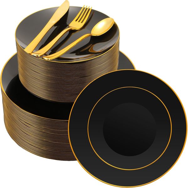 Hushee 250 Pcs Black and Gold Plates Bulk Dinnerware Set Gold Edge Disposable...