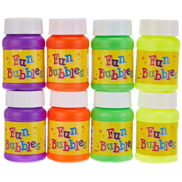 Baker Ross AR482 Mini Blow, Solution and Bubble Wand Perfect for Party Bags Fillers or Small Gifts for Kids (Pack of 8 x 30 ml), Assorted